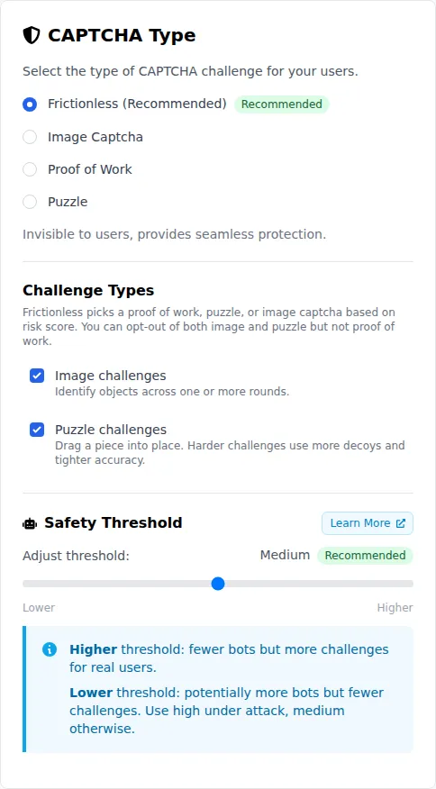 prosopo CAPTCHA type and safety threshold settings