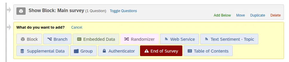 The Survey Flow add element menu, with Embedded Data, Branch, Web Service and End of Survey