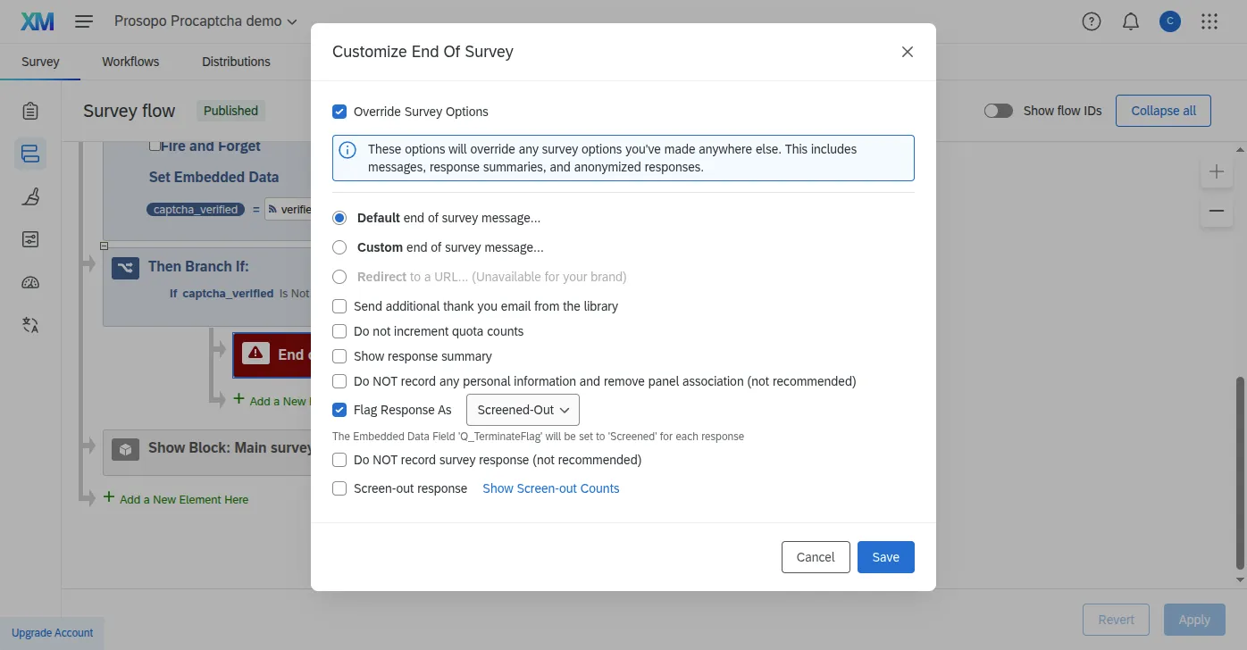 End of Survey options with the response flagged as screened-out