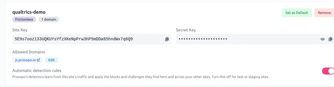 A Prosopo site with its site key, hidden secret key and allowed domains