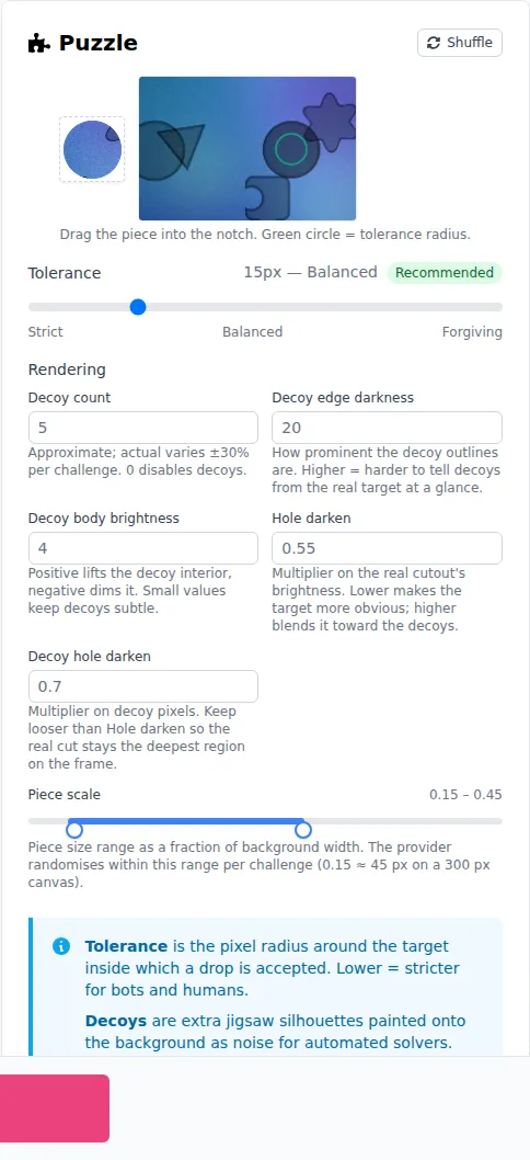 prosopo puzzle CAPTCHA settings and preview