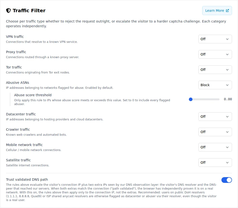 prosopo traffic filter settings