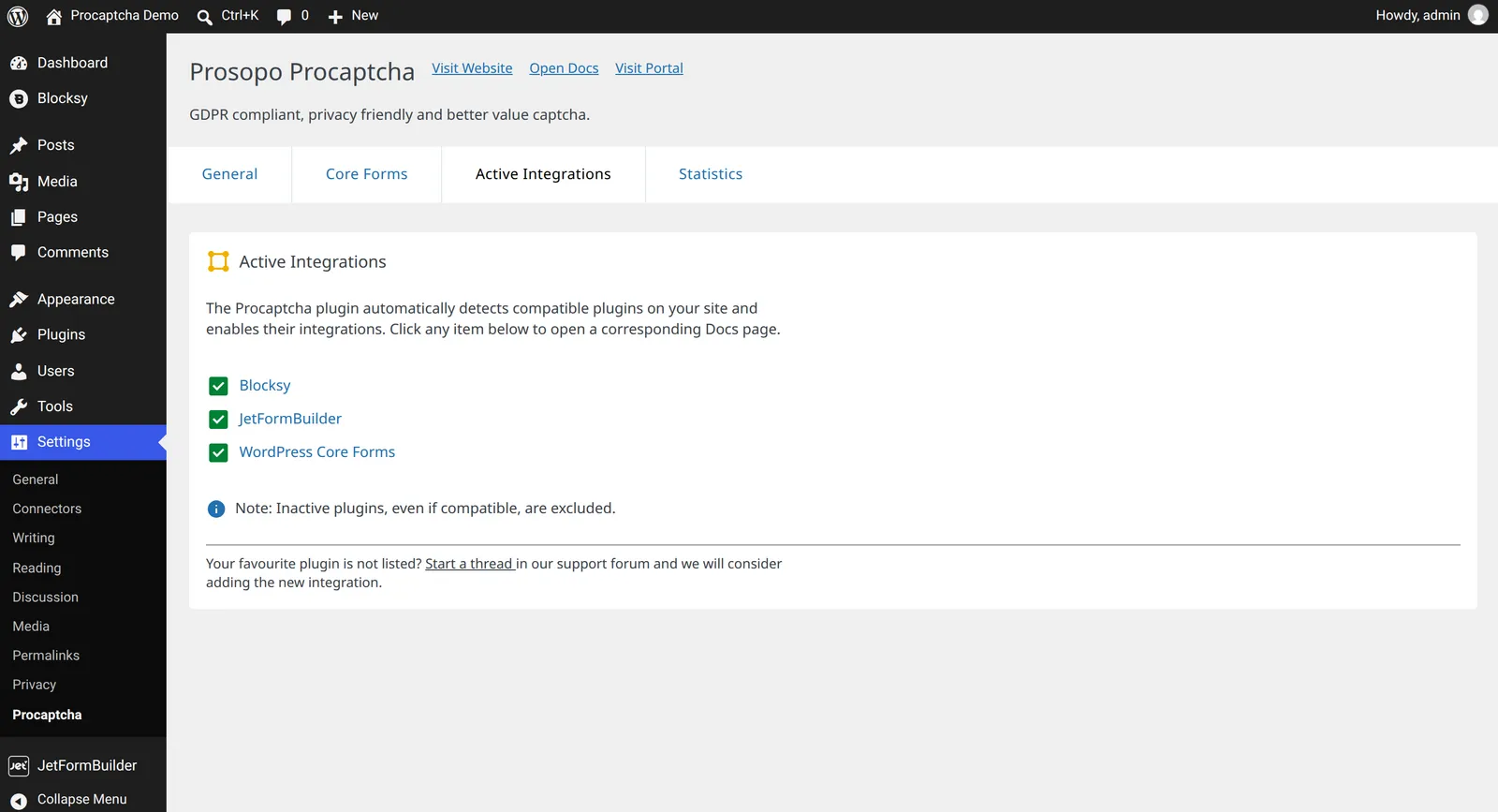 The Active Integrations tab of the Procaptcha plugin settings